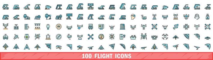 100 flight icons set, color line style vector