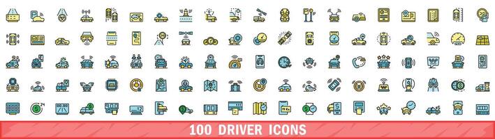 100 driver icons set, color line style vector
