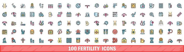 100 fertility icons set, color line style vector