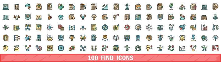 100 find icons set, color line style vector