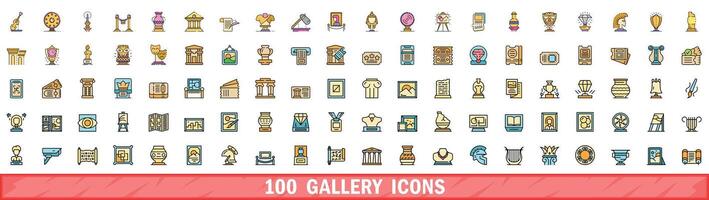 100 gallery icons set, color line style vector