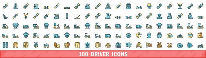 100 driver icons set, color line style vector