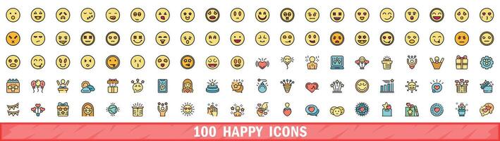 100 happy icons set, color line style vector