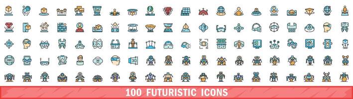 100 futuristic icons set, color line style vector