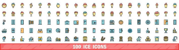 100 ice icons set, color line style vector
