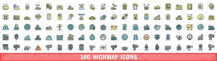 100 highway icons set, color line style vector
