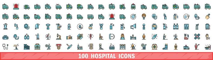 100 hospital icons set, color line style vector
