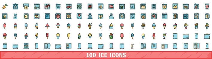 100 ice icons set, color line style vector