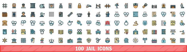 100 jail icons set, color line style vector