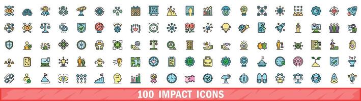 100 impact icons set, color line style vector