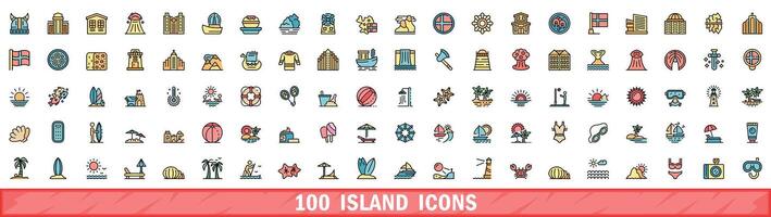 100 island icons set, color line style vector