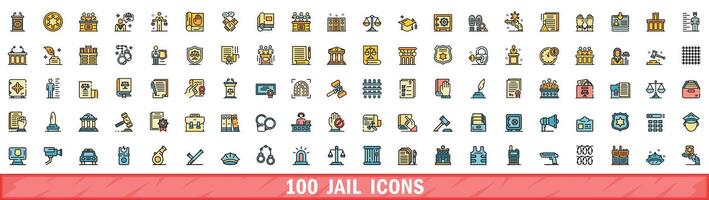 100 jail icons set, color line style vector