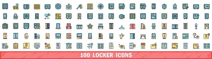 100 locker icons set, color line style vector