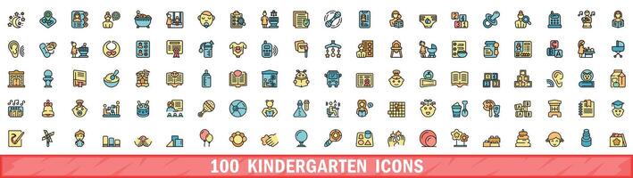 100 kindergarten icons set, color line style vector