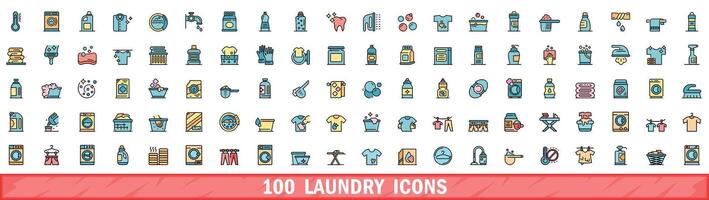 100 laundry icons set, color line style vector