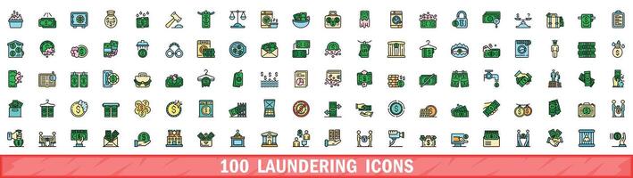 100 laundering icons set, color line style vector