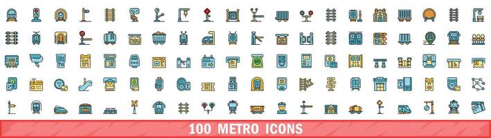 100 metro icons set, color line style vector
