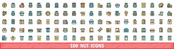 100 nut icons set, color line style vector