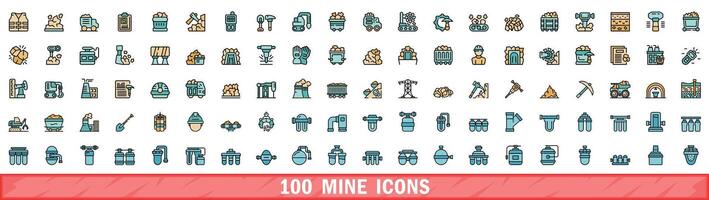 100 mine icons set, color line style vector