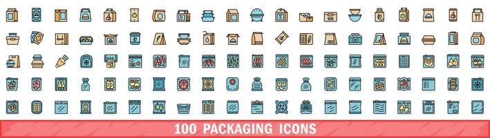 100 packaging icons set, color line style vector