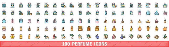 100 perfume icons set, color line style vector