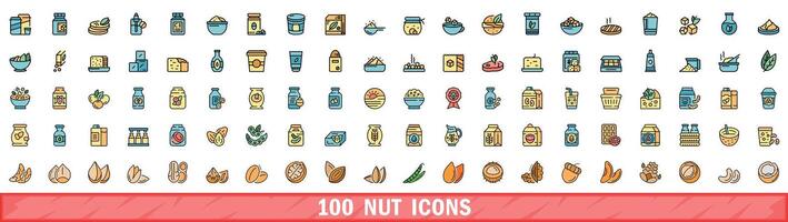 100 nut icons set, color line style vector