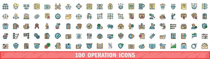 100 operation icons set, color line style vector