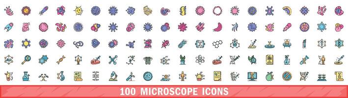 100 microscope icons set, color line style vector