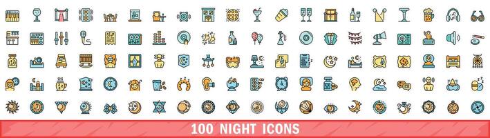 100 night icons set, color line style vector