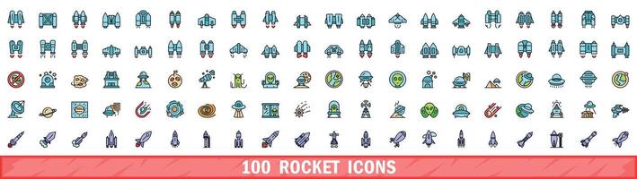100 rocket icons set, color line style vector