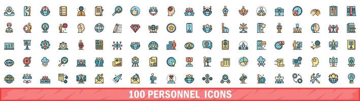 100 personnel icons set, color line style vector