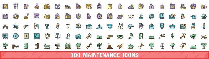 100 maintenance icons set, color line style vector