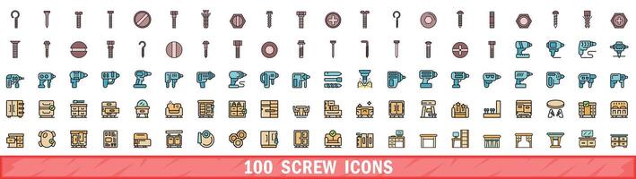 100 screw icons set, color line style vector