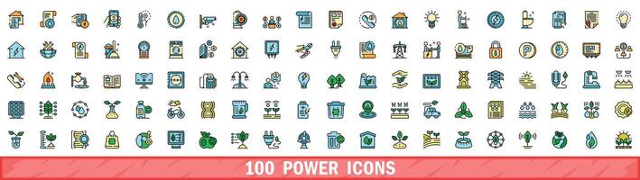 100 power icons set, color line style vector