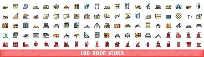 100 roof icons set, color line style vector