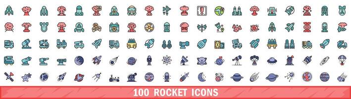 100 rocket icons set, color line style vector