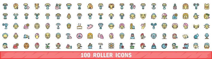 100 roller icons set, color line style vector