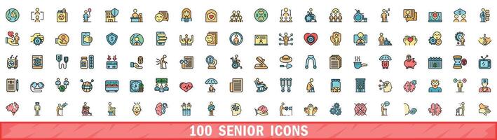 100 senior icons set, color line style vector