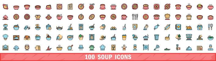100 soup icons set, color line style vector