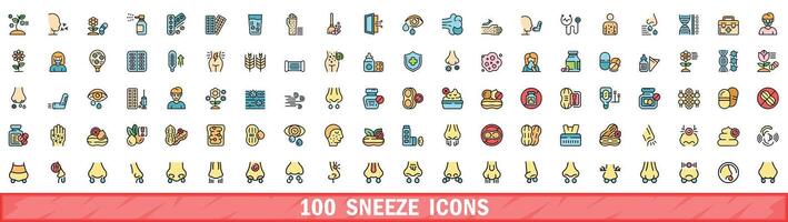 100 sneeze icons set, color line style vector