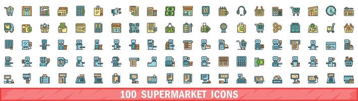100 supermarket icons set, color line style vector