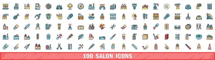 100 salon icons set, color line style vector