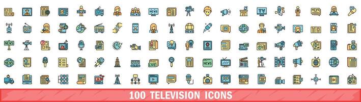 100 television icons set, color line style vector