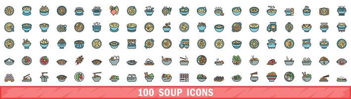 100 soup icons set, color line style vector