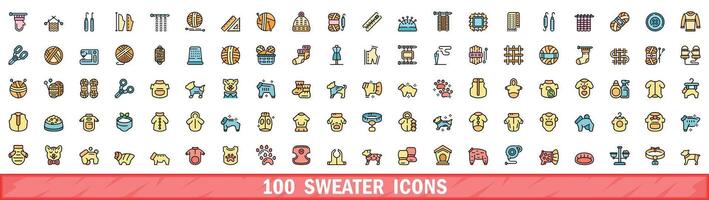100 sweater icons set, color line style vector