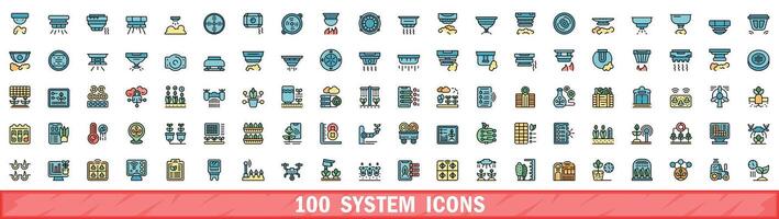 100 system icons set, color line style vector