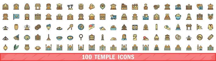 100 temple icons set, color line style vector