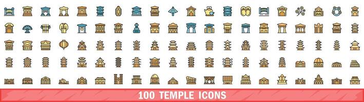 100 temple icons set, color line style vector