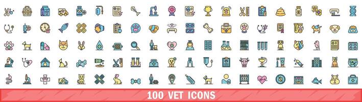 100 vet icons set, color line style vector