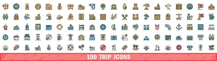 100 trip icons set, color line style vector